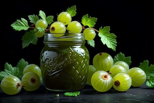 ripe gooseberry jam in a glass isolated on a green background .