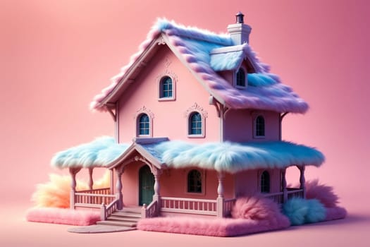 cozy warm house of pastel pink color in warm colors with a roof made of warm fur .