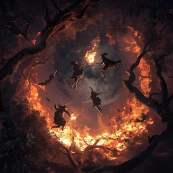 A group of individuals on horseback navigate through a forest engulfed in flames.