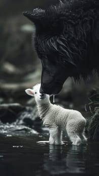 A black and white photo capturing a baby sheep and an adult sheep in the frame.