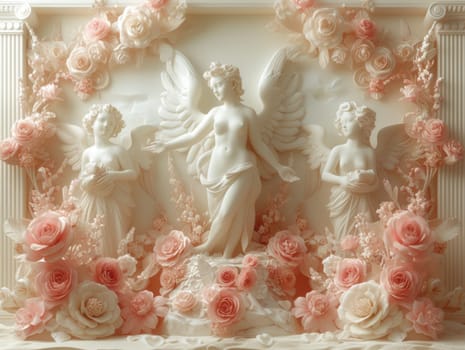 A photo capturing a sculpture depicting two angels and a vibrant arrangement of roses.