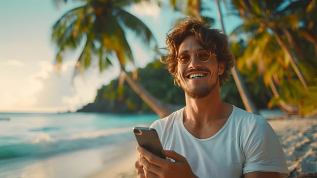 A happy man is sitting on the beach, smiling while holding a cell phone. The sky is blue, water is sparkling, and there are people and palm trees around. He seems to be enjoying his travel experience