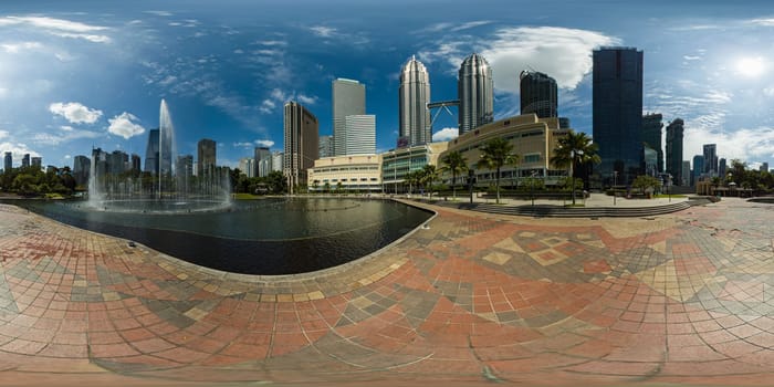 Petronas Twin towers panorama, Kuala Lumpur central park KLCC -Sep 6th, 2022. Malaysia. VR 360.