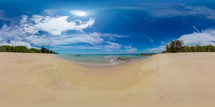 Tropical landscape with beautiful sandy beach. Borneo, Malaysia. Tindakon Dazang Beach. 360-Degree view.