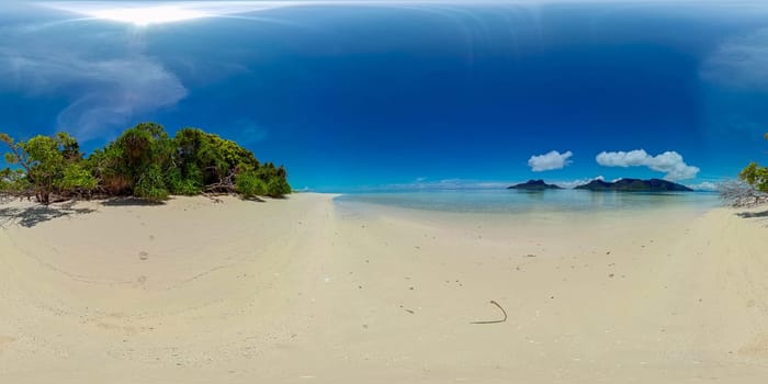 Tropical sandy beach and blue sea. Malaysia. Mantabuan Islet. VR 360.