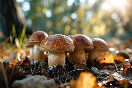 Beautiful boletus mushrooms in the forest in moss and grass.