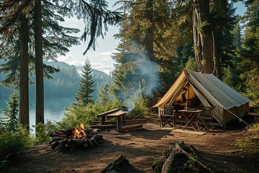 Camping in the forest on the shore of the lake. Tent, table, fire.