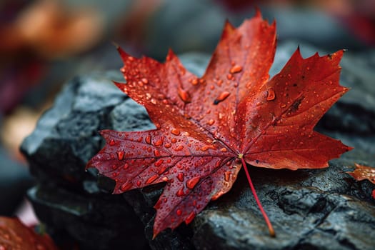 Wet red maple leaf on a stone.