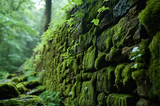 Close-up of moss on a wall in the forest.