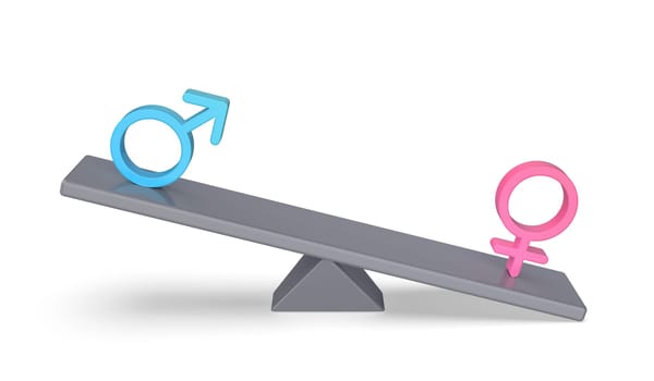 Dominating female over male sign on seesaw, concept image for imbalance between genders