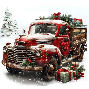 The red vehicle is adorned with Christmas decorations and presents, making it a festive sight. The wheels, tires and grille are complemented by the holidaythemed design