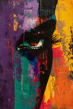 A detailed closeup of a womans face painting, showcasing vibrant tints and shades. This visually stunning artwork combines elements of art, graffiti, drawing, and watercolor paint