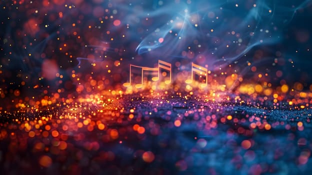 A mesmerizing scene of music notes floating in the air against a colorful backdrop of the sky, creating a whimsical atmosphere of entertainment and joy