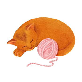 A composition a ginger kitten curled up asleep beside a pink yarn skein, for greeting cards, children's book illustrations, or pet-themed designs. Watercolor illustration.