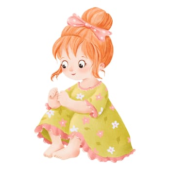 A watercolor children's illustration. a small red-haired girl sitting. She wears a green dress with a flower pattern and a pink bow. for children's books educational materials, or greeting cards.