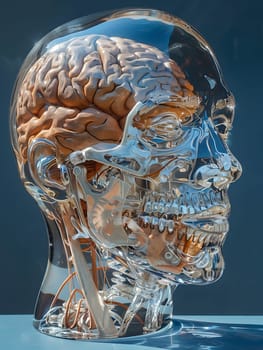 A unique sculpture depicting a glass head with a visible skull and brain inside, showcasing intricate details of human anatomy and the complexity of the nervous system