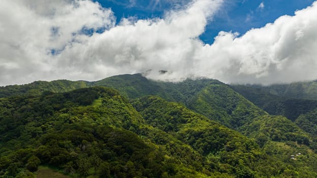 Aerial view of mountains and green hills in Philippines. Negros island.