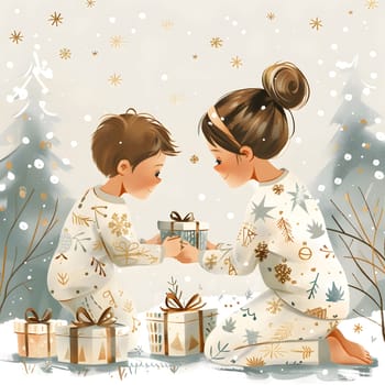 A boy and a girl kneel in the snow, holding textile gifts. The girl wears a peach headpiece, happy expression. an artful event with fashion accessories and toy patterns