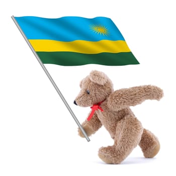 A Rwanda flag being carried by a cute teddy bear