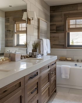 This property features a bathroom with a bathtub, two sinks, and cabinetry. The interior design includes a wood countertop, bathroom cabinets, and a window for natural light