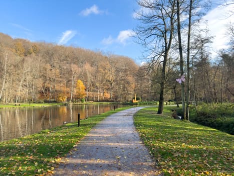Green leisure park Bois des Reves with lake in Ottignie Louvain la Neuve, province of Walloon Brabant, Belgium