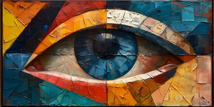 An eye painted with electric blue pupil, surrounded by bold eyelashes and set in a vibrant circle. The visual arts piece displays symmetry and is showcased at an art event