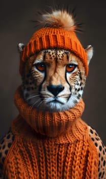 A Felidae species, the cheetah is a carnivorous big cat with distinctive black spots. This particular one is wearing an orange hat and scarf
