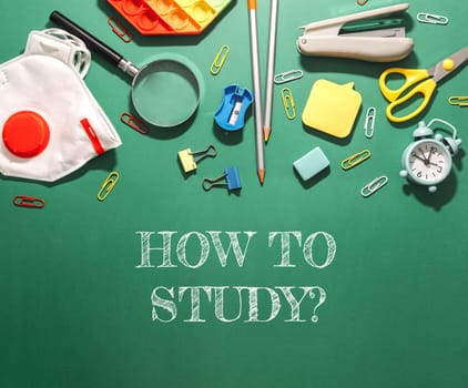 A green background with a bunch of school supplies and a chalkboard with the words How to Study written on it