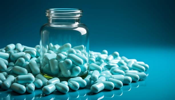 White pills on blue background. High quality photo