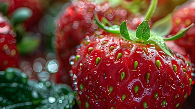 A close up of a strawberry with water drops on it, showcasing the natural beauty of this seedless fruit. The liquid droplets enhance the allure of this staple food