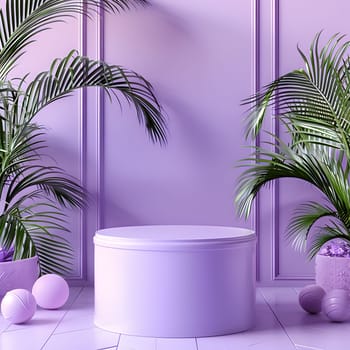 An interior design featuring a purple room with palm trees, a purple podium, showcasing the beauty of nature with its violet and magenta color palette