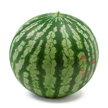 Ultra sharp image of a fresh whole watermelon, vibrant green skin with red accents, isolated on white background.