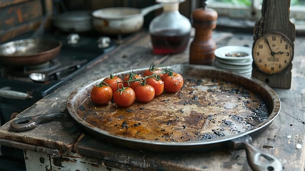 Vibrant fresh tomatoes on a greasy, rustic kitchen table with aged cooking pans and vintage clock