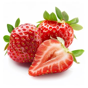 Close-up of juicy strawberries with vibrant red color and green leaves, perfect for healthy eating and dessert recipes.