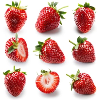 Collection of fresh strawberries in multiple angles isolated on white background, showcasing natural vibrancy and perfect for food-related projects