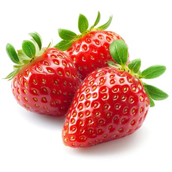 Close-up image of fresh, ripe strawberries with vibrant red color and green leaves, isolated on white background, perfect for food concepts.