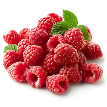 Close-up image capturing vibrant fresh raspberries with green leaf isolated on white background, showcasing natural texture and detail