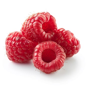 Closeup of juicy fresh raspberries isolated on white backdrop. Healthy, organic fruit image perfect for culinary and nutrition concepts.