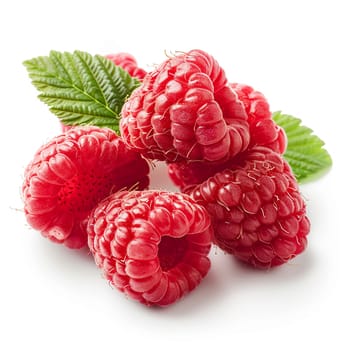 Ultra sharp image of vibrant raspberries with green leaves isolated on white, perfect for healthy lifestyle and diet concepts.