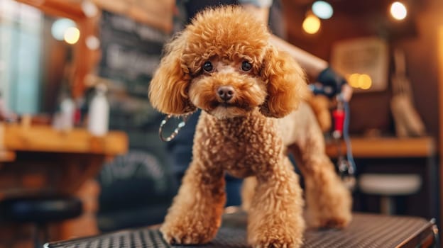 Cute poodle stands on table at dog salon, patiently waiting for grooming. Professional care captured in ultra-sharp focus showcasing pet beauty.