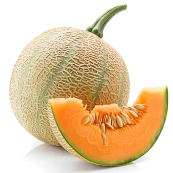 Ultra sharp photo of whole fresh melon and detailed slice isolated on white, with visible seeds.