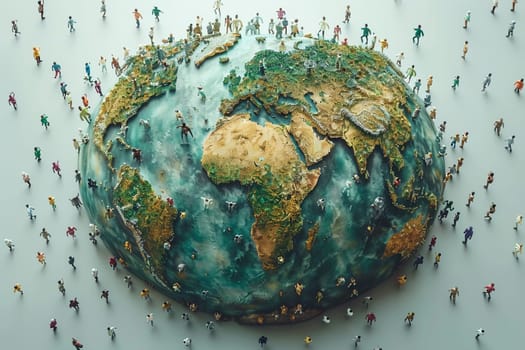 Conceptual representation with miniature figures scattered across globe model, demonstrating global overpopulation issue and diversity.