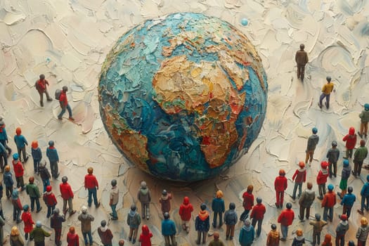 Conceptual art of overpopulation showing crowded miniature figures around a textured globe, illustrating world's population issues.
