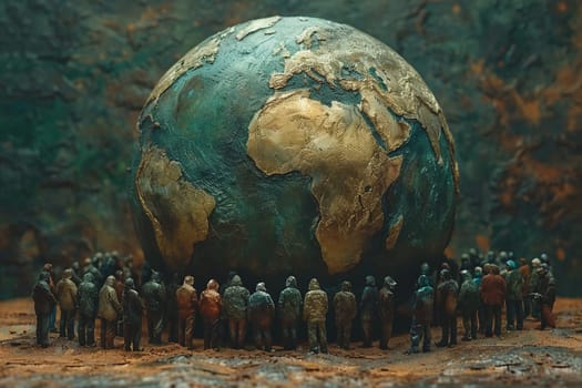 Miniature figures surrounding a large globe depict world overpopulation issues, portraying dense population concepts creatively.