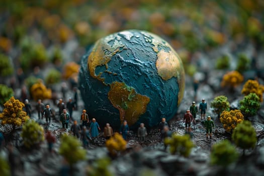Conceptual image showing miniature figures around a detailed Earth model, representing global overpopulation and environmental issues.