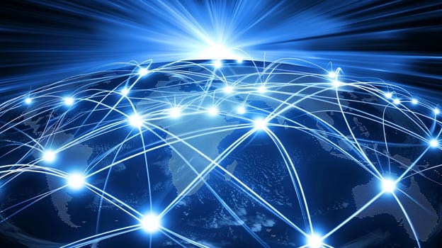 Ultra sharp digital representation of global internet connectivity with radiant light beams connecting different continents.