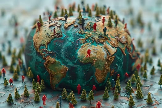 Artistic depiction of miniature figures dispersed across globe surface symbolizing pressing issue of overpopulation and its impact on Earth.