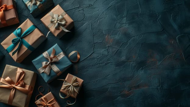 Variety of wrapped gift boxes adorned with satin ribbons laying on dark, textured surface, symbolizing celebration and giving.