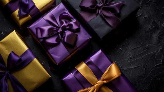 Luxury present boxes tied with colorful ribbons arranged neatly on a dark textured surface, capturing celebration and surprise.