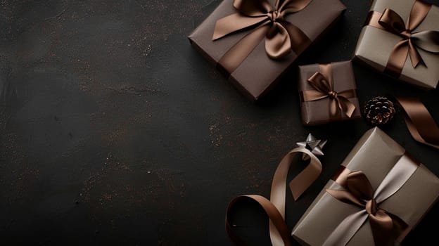 Various elegant gift boxes adorned with satin ribbons meticulously arranged on a dark textured background, conveying luxury and celebration.